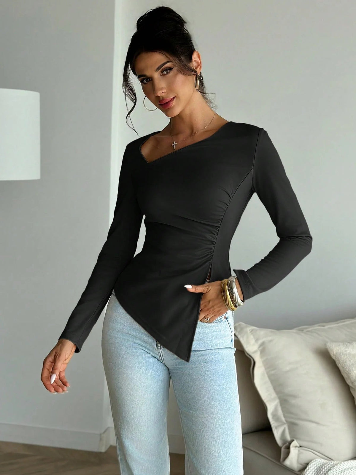 Annie Asymmetrical Long Sleeve Top - Women's Everyday Fashion Top