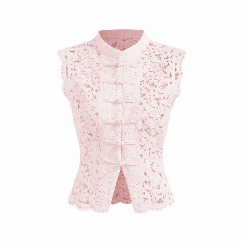 Beatrix Sheer Lace Mandarin Collar Blouse - Women's Everyday Fashion Top - Image 2