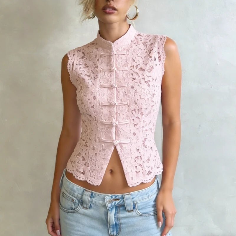Beatrix Sheer Lace Mandarin Collar Blouse - Women's Everyday Fashion Top