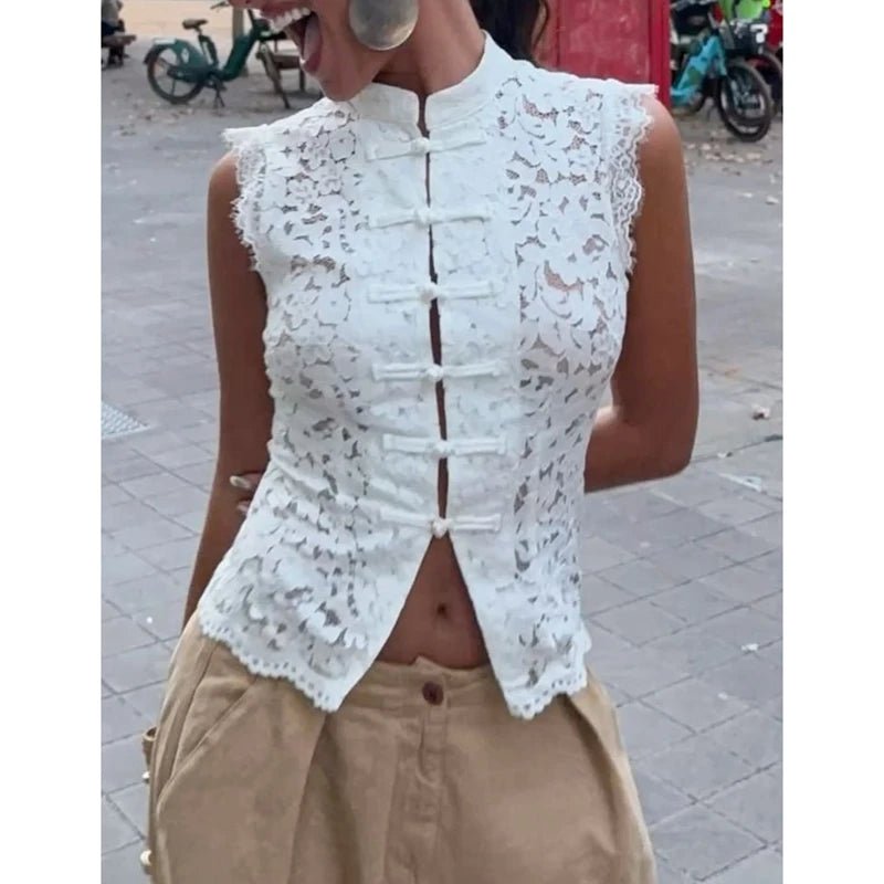 Beatrix Sheer Lace Mandarin Collar Blouse - Women's Everyday Fashion Top - Image 4