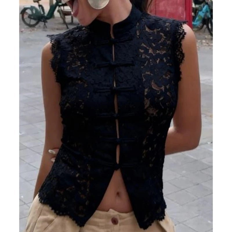 Beatrix Sheer Lace Mandarin Collar Blouse - Women's Everyday Fashion Top - Image 6