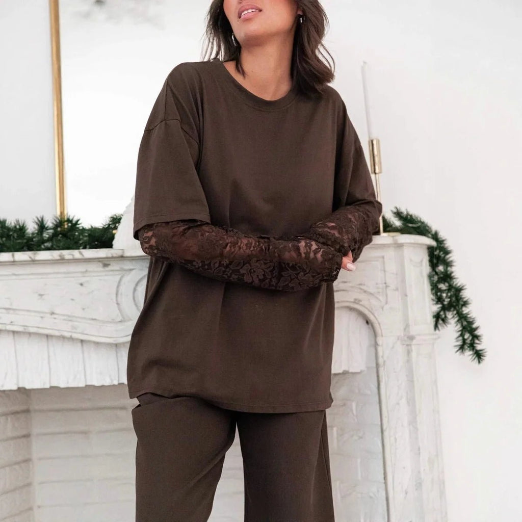 Adaora Lace Splice Long Sleeve Tee - Women's Everyday Fashion Top - Image 5