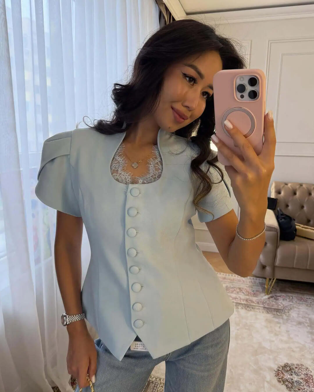 Gloria Button Front Stand Collar Top - Women's Everyday Fashion Top - Image 4