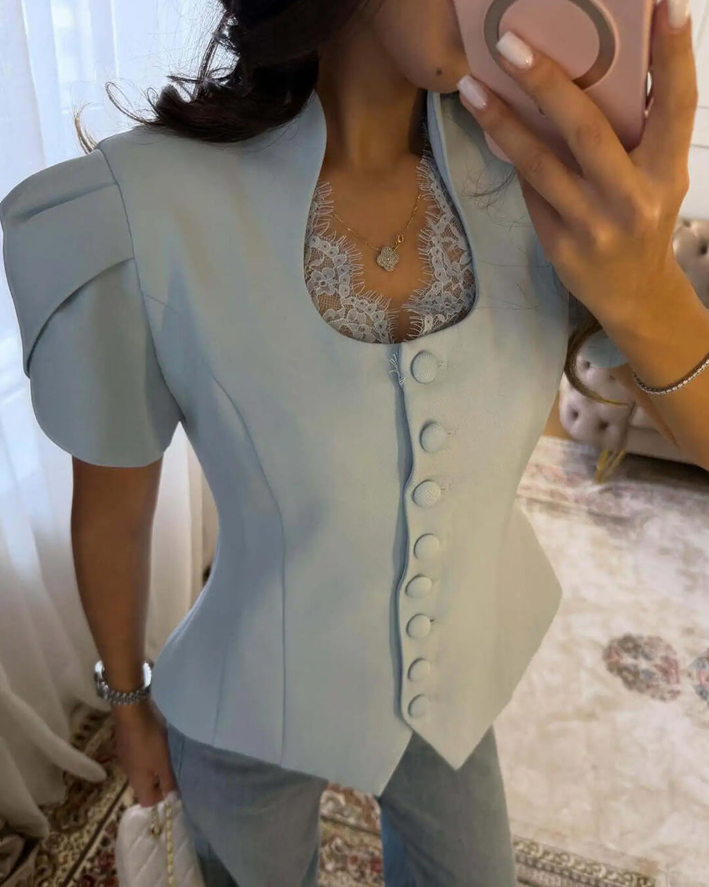 Gloria Button Front Stand Collar Top - Women's Everyday Fashion Top - Image 3