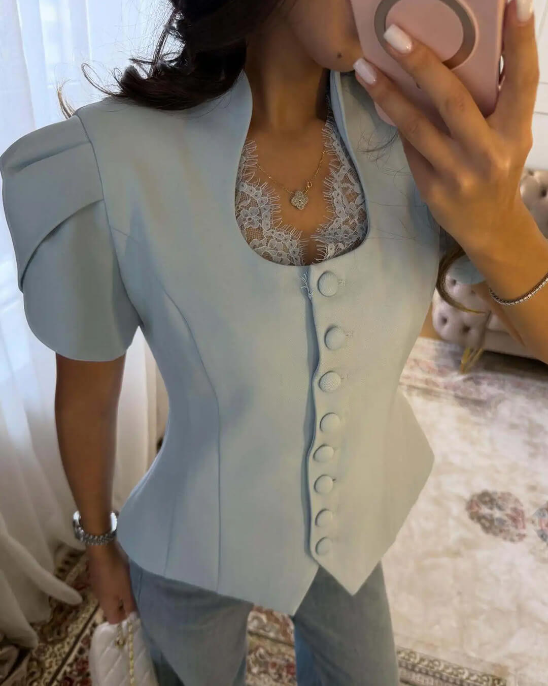 Gloria Button Front Stand Collar Top - Women's Everyday Fashion Top - Image 3