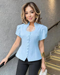 Gloria Button Front Stand Collar Top - Women's Everyday Fashion Top