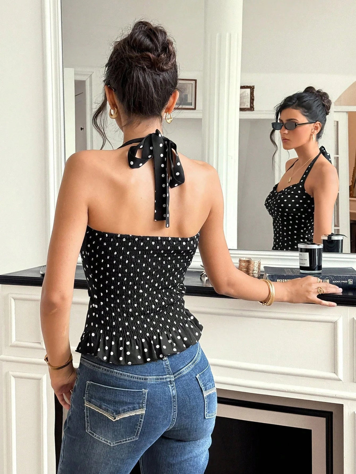 Caryl Polka Dot Halter Crop Top - Women's Everyday Fashion Top - Image 3