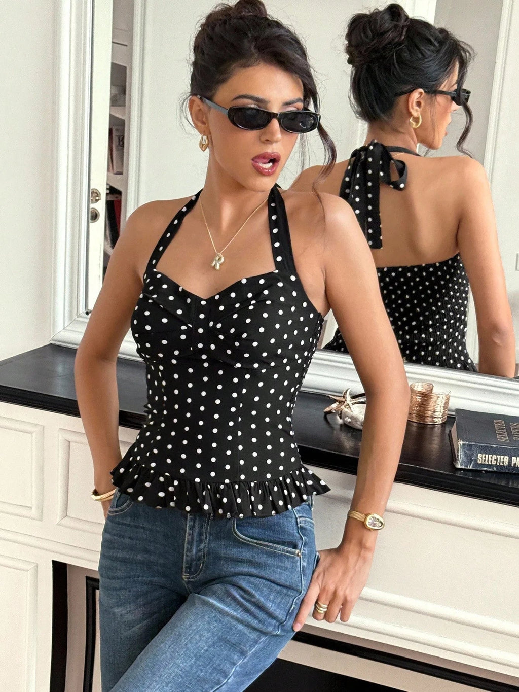 Caryl Polka Dot Halter Crop Top - Women's Everyday Fashion Top - Image 4