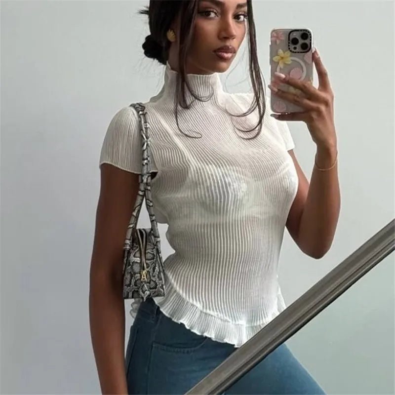 Sarah Ribbed Turtleneck Tee - Women's Everyday Fashion Top