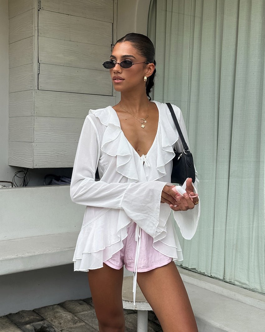 Desiree Deep Neck Ruffled Top - Women's Everyday Fashion Top