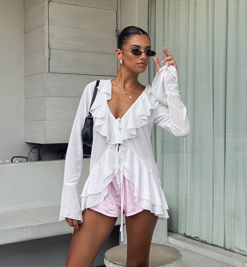 Desiree Deep Neck Ruffled Top - Women's Everyday Fashion Top - Image 4