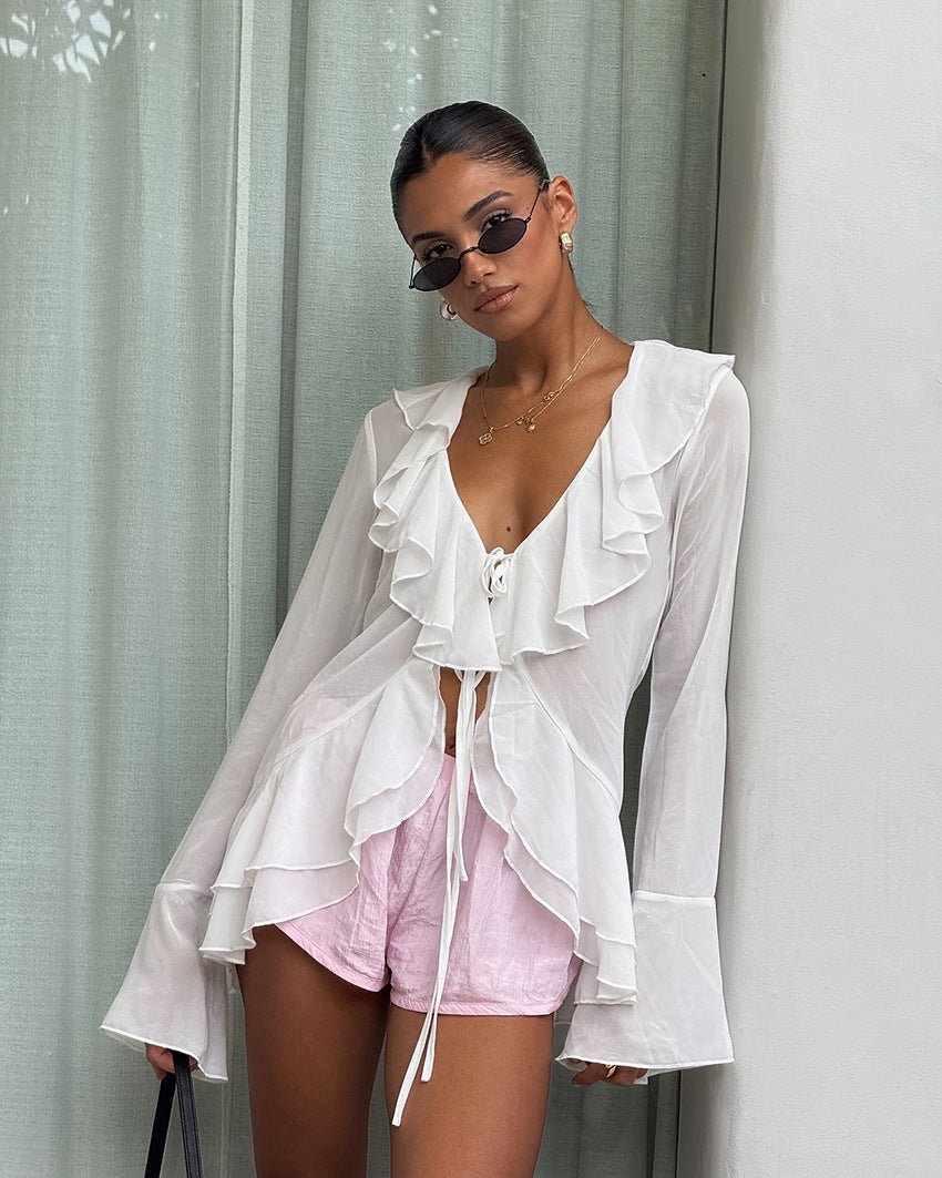 Desiree Deep Neck Ruffled Top - Women's Everyday Fashion Top - Image 7