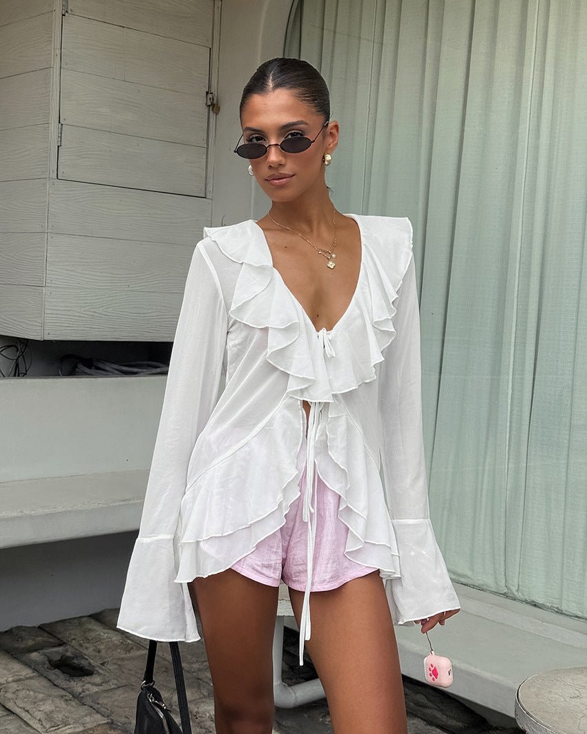 Desiree Deep Neck Ruffled Top - Women's Everyday Fashion Top - Image 3