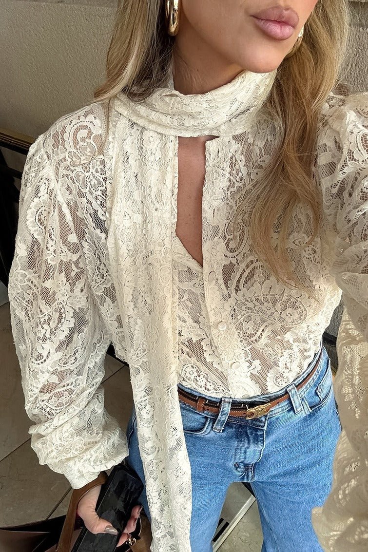 Dunja Sheer Lace Tie Blouse - Women's Everyday Fashion Top - Image 8