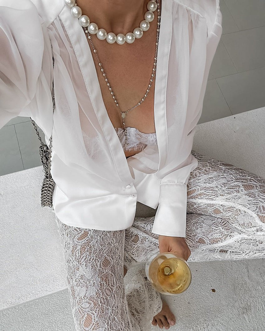 Elisa Deep Neck Sheer Button Blouse - Women's Everyday Fashion Top - Image 2