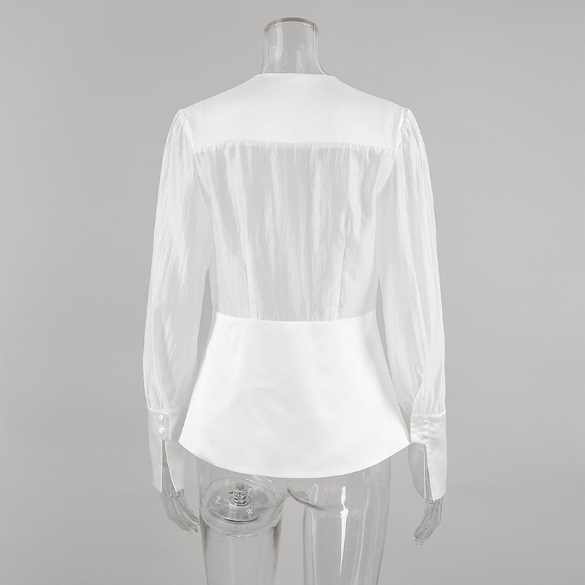 Elisa Deep Neck Sheer Button Blouse - Women's Everyday Fashion Top - Image 6