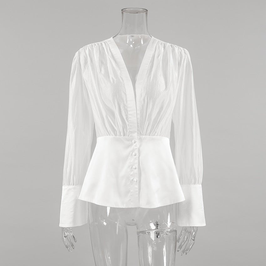Elisa Deep Neck Sheer Button Blouse - Women's Everyday Fashion Top - Image 5
