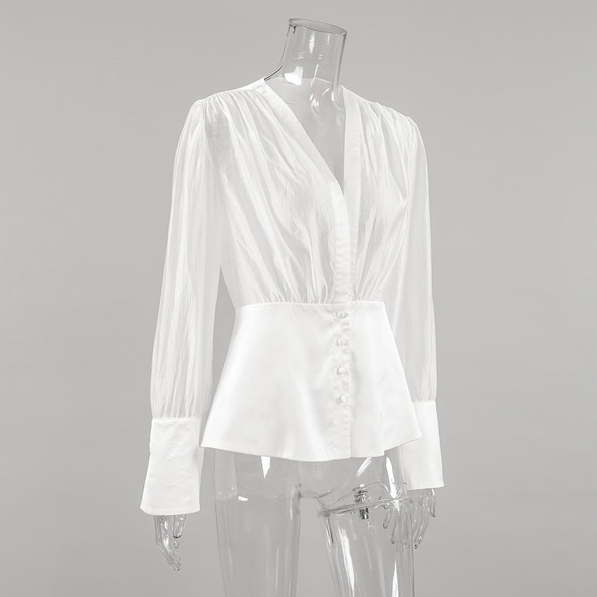 Elisa Deep Neck Sheer Button Blouse - Women's Everyday Fashion Top - Image 7