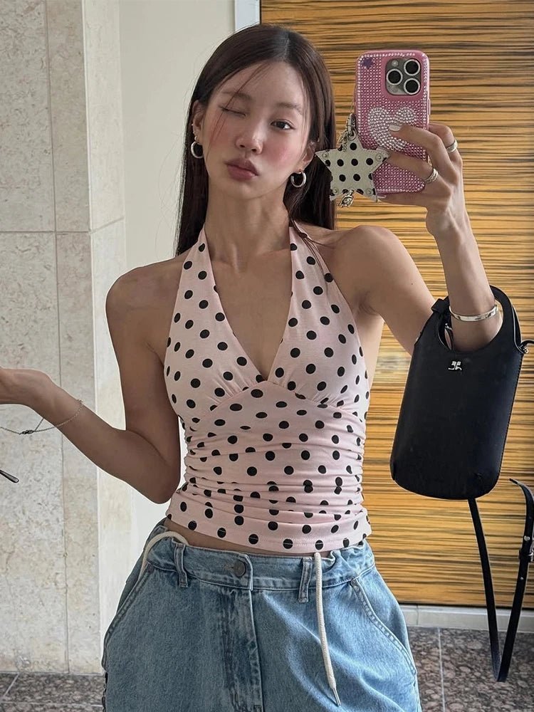 Hannah Polka Dot Halter Tank Top - Women's Everyday Fashion Top