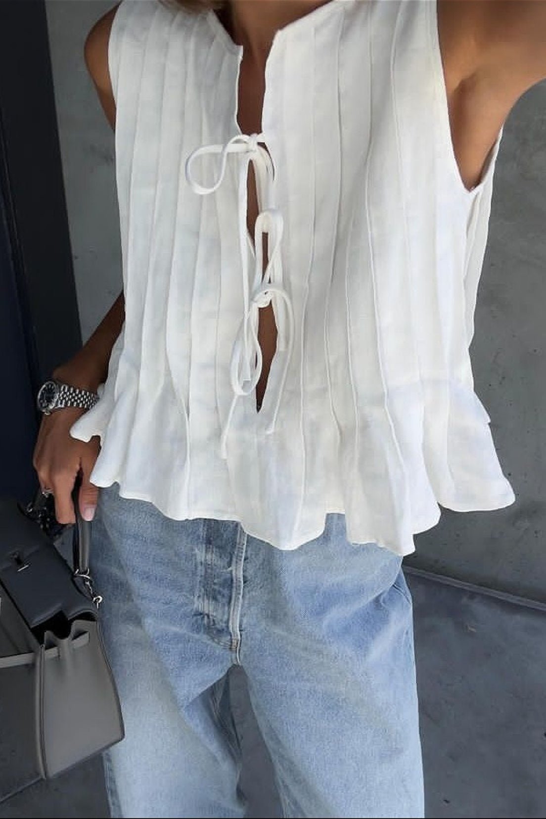 Juvy Tie Front Pleated Linen Tank Top - Women's Everyday Fashion Top