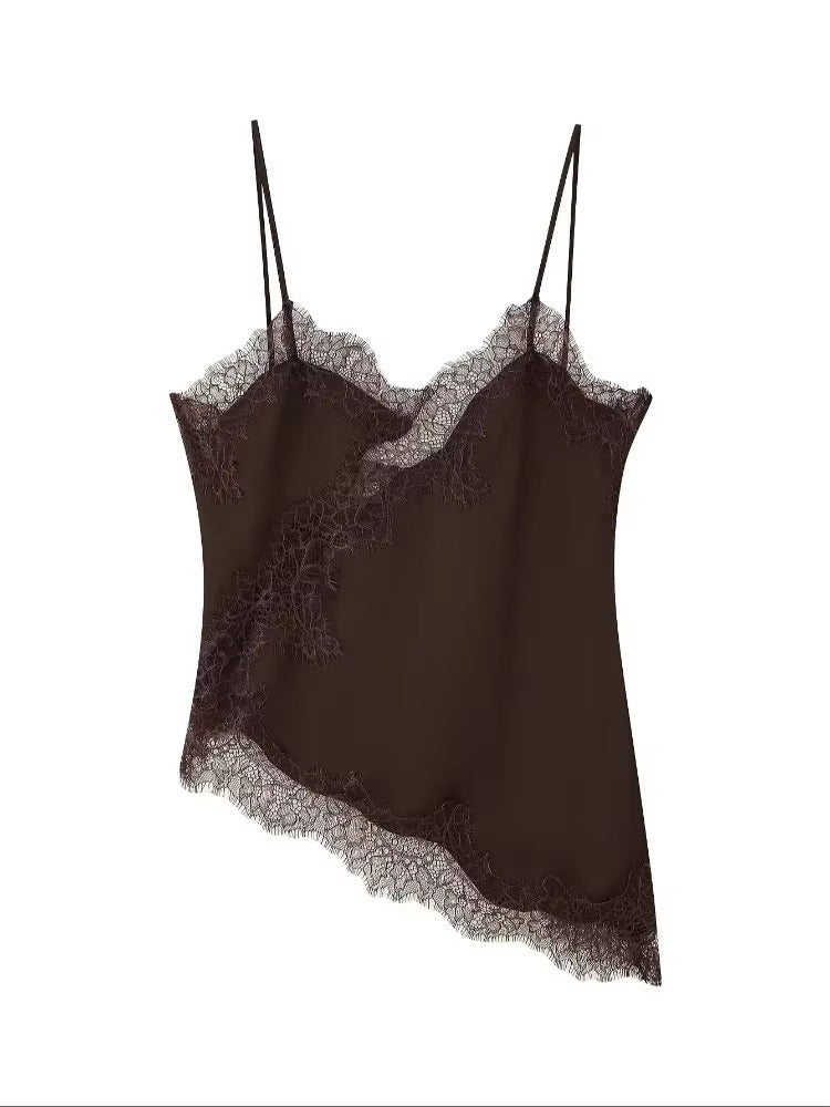 Kara Asymmetric Lace Cami Top - Elegant Satin V-Neck Camisole - Image 9