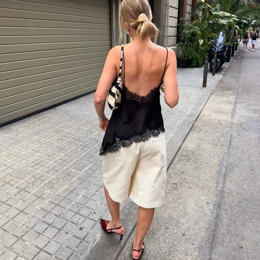 Kara Asymmetric Lace Cami Top - Elegant Satin V-Neck Camisole - Image 2
