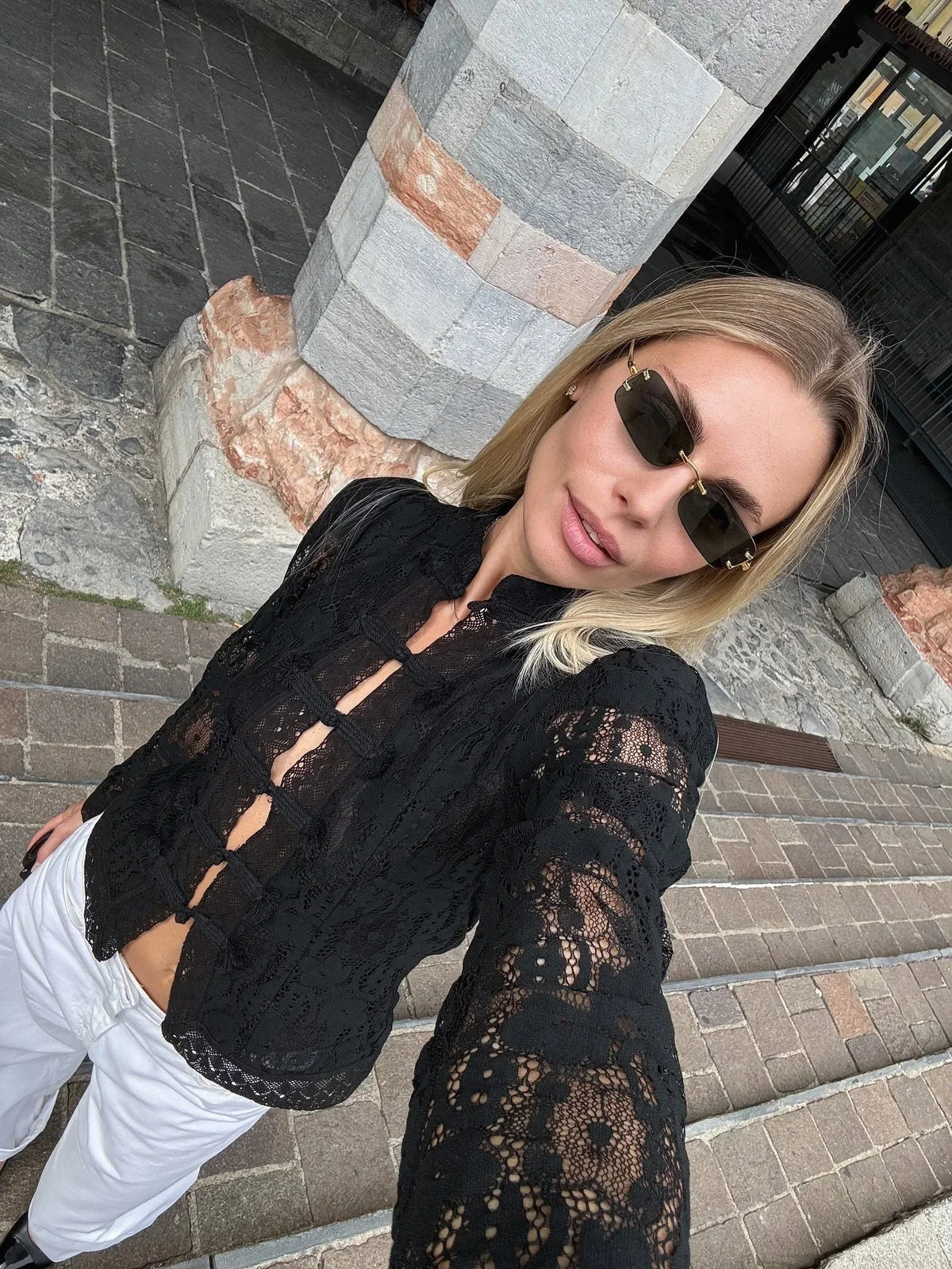 Katalina Puff Sleeve Lace Blouse - Women's Everyday Fashion Top - Image 2