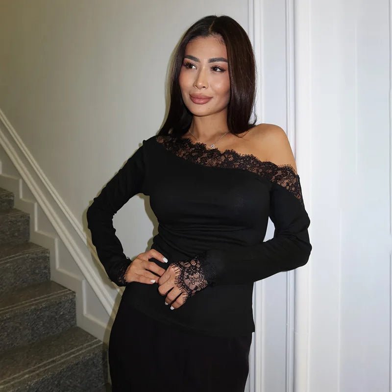 Lizzy Slant Shoulder Lace Long Sleeve Top - Women's Everyday Fashion Top - Image 3