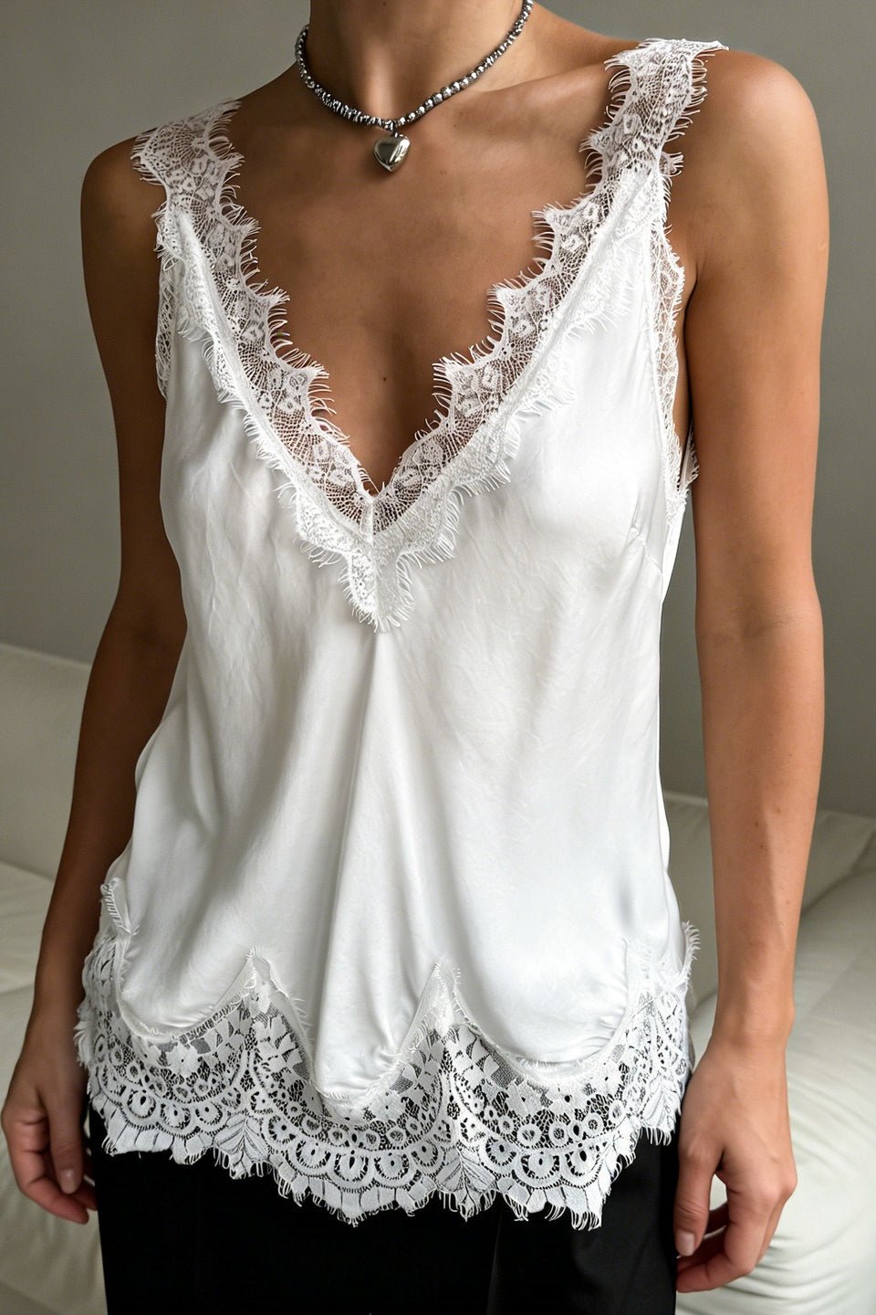 Marisol Women's V-Neck Lace Trim Tank Top - Sleeveless Top