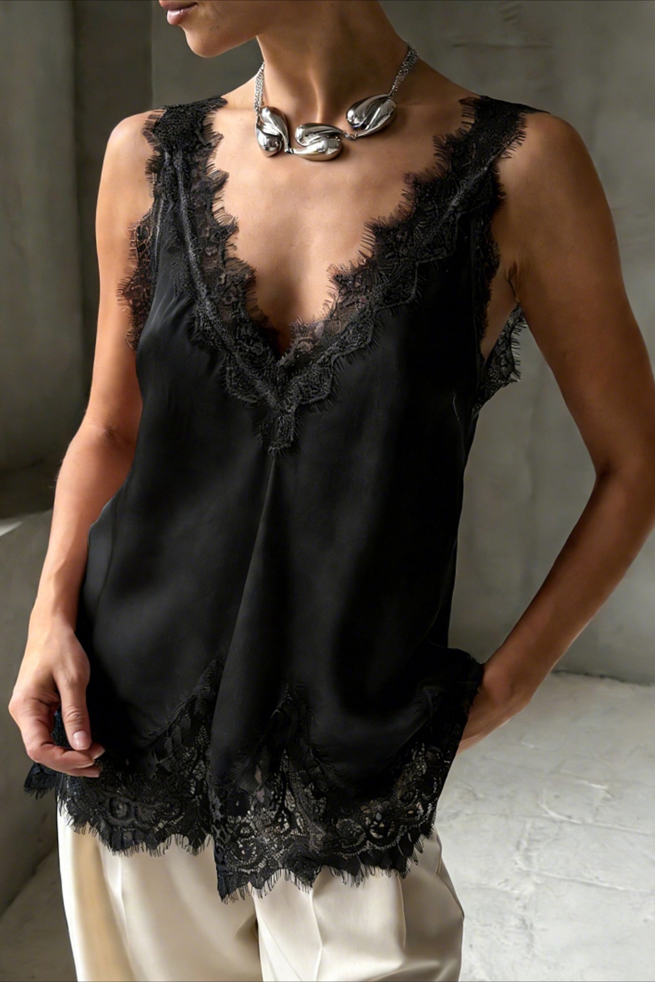 Marisol Women's V-Neck Lace Trim Tank Top - Sleeveless Top - Image 5