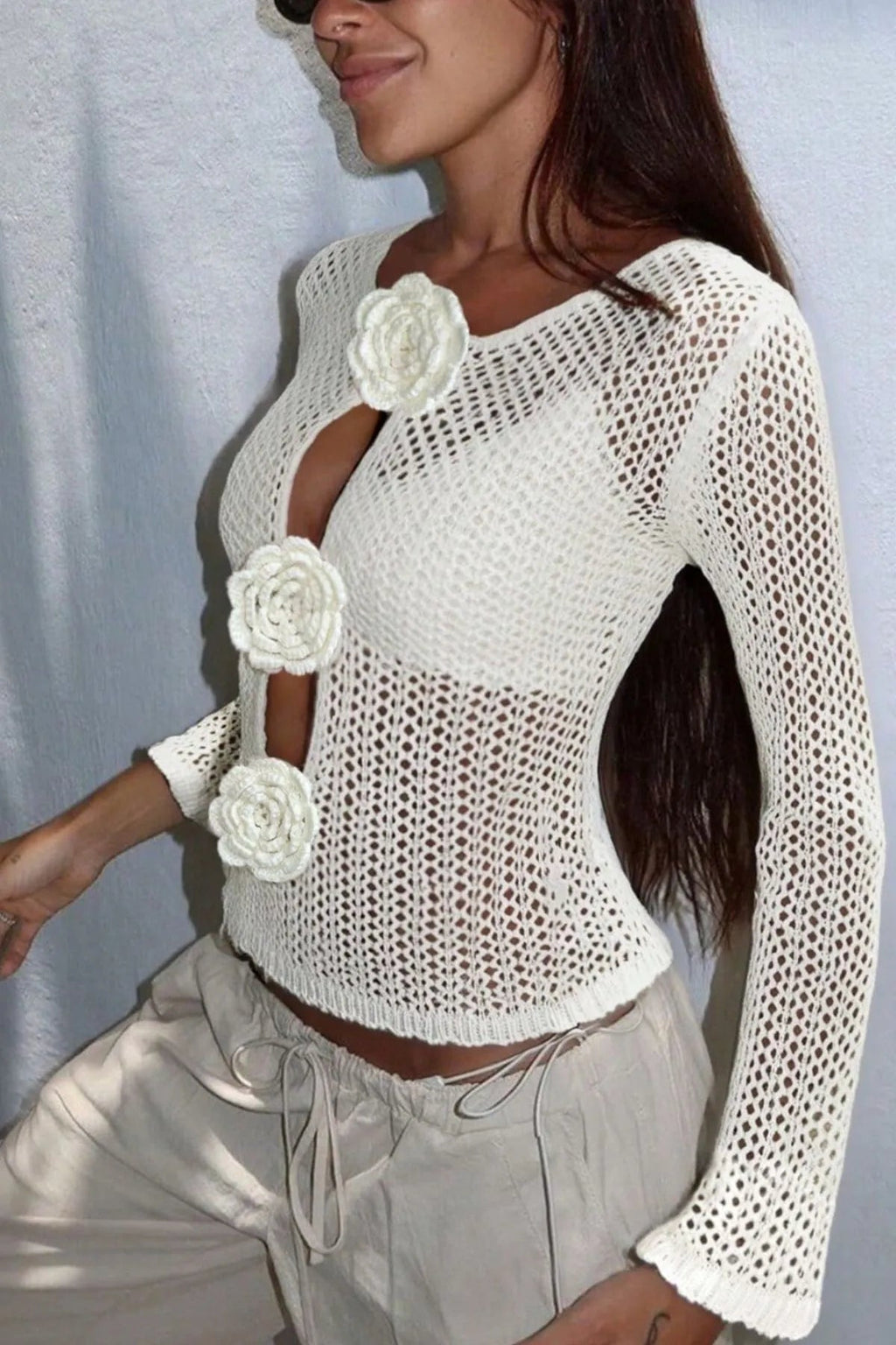 Marley Flower Crochet Cover-Up - Women's Everyday Fashion Top - Image 3