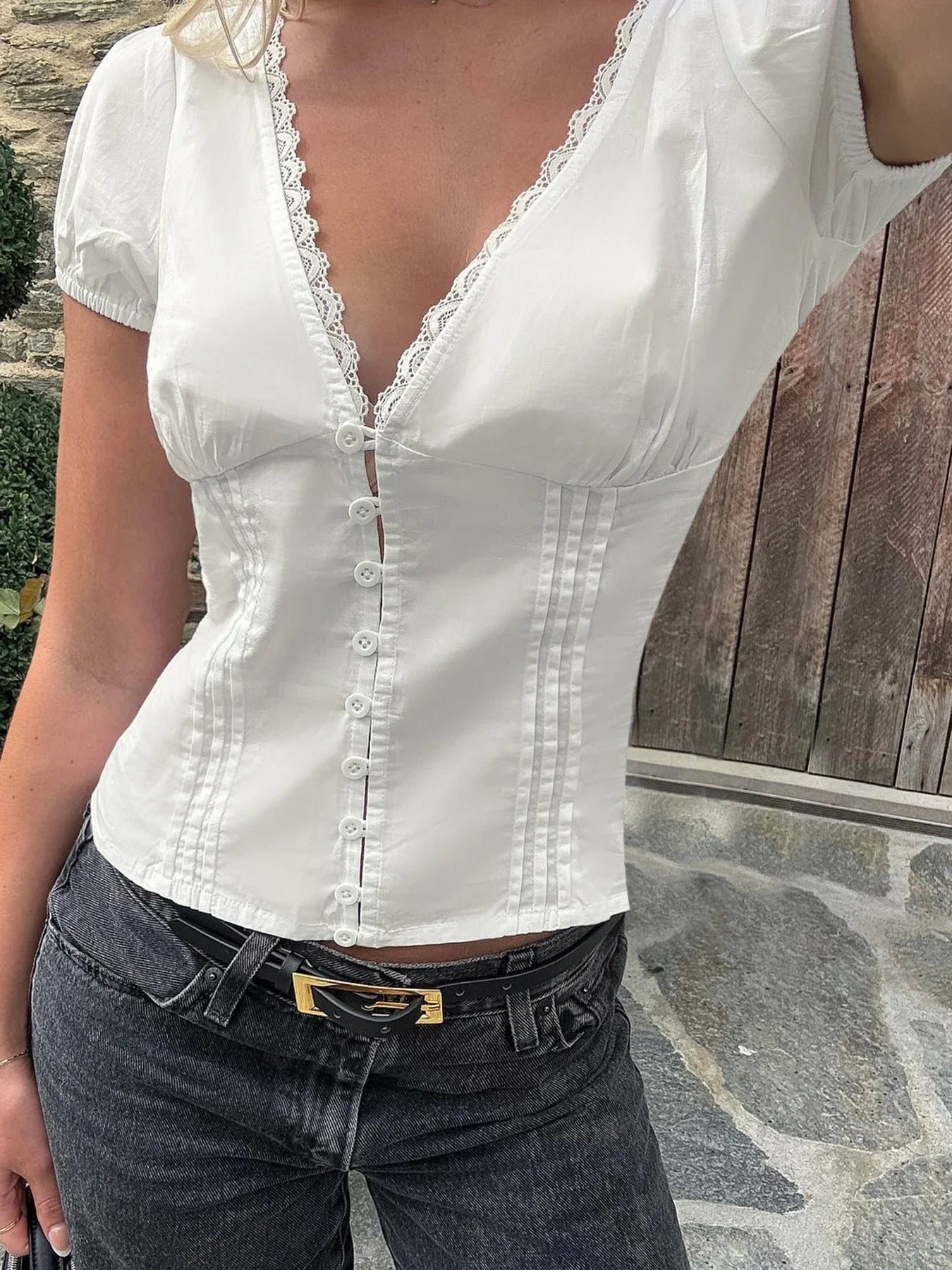 Mica Plunged Neck Blouse - Women's Everyday Fashion Top - Image 2