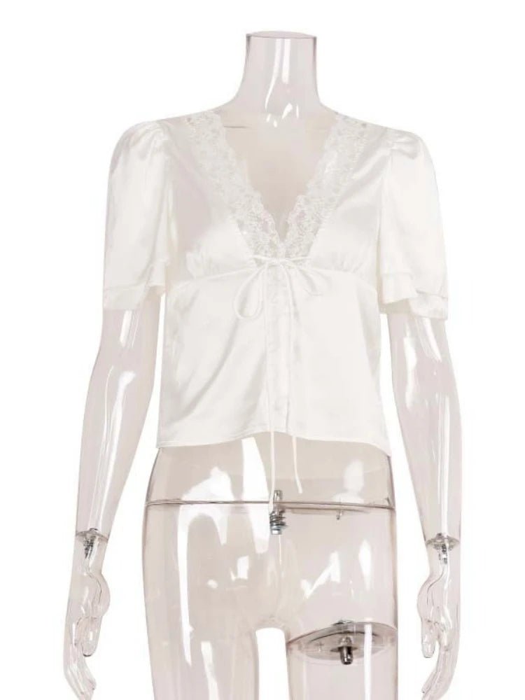 Nathalie Satin Lace Blouse - Women's Everyday Fashion Top - Image 11