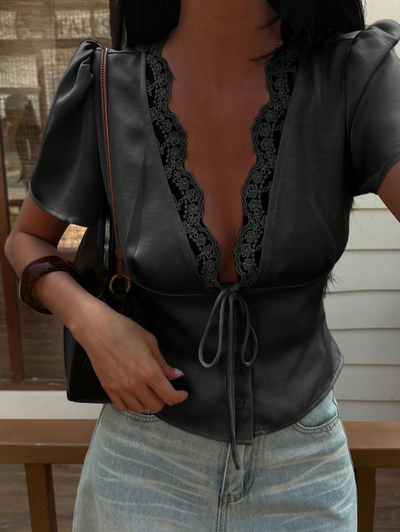 Nathalie Satin Lace Blouse - Women's Everyday Fashion Top - Image 8