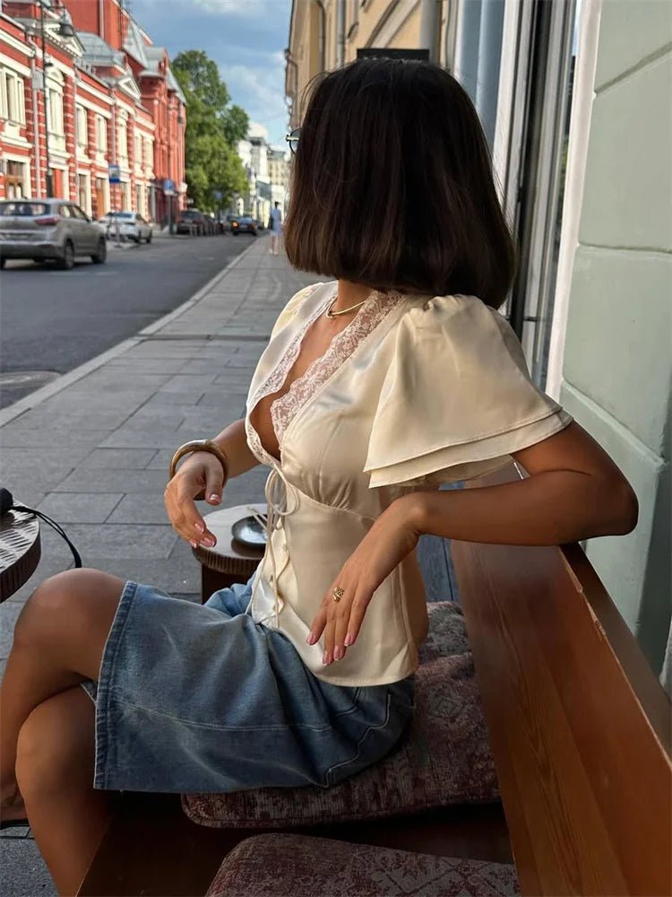Nathalie Satin Lace Blouse - Women's Everyday Fashion Top - Image 2