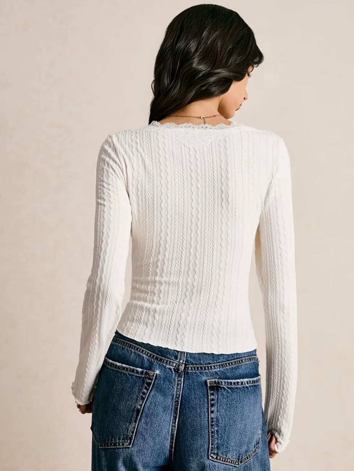 Nyla Lace Trim Long Sleeve Blouse - Women's Everyday Fashion Top