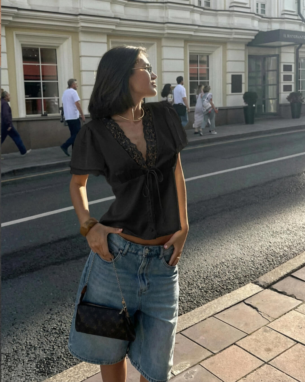 Rosette Lace Short Sleeve V-Neck Top - Women's Everyday Fashion Top - Image 2