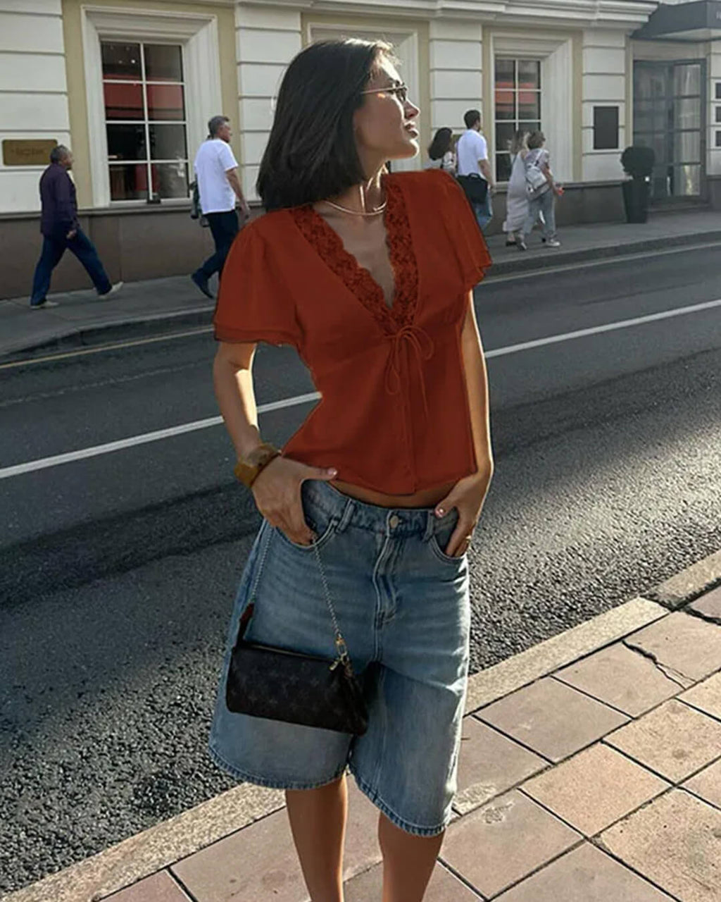Rosette Lace Short Sleeve V-Neck Top - Women's Everyday Fashion Top - Image 10
