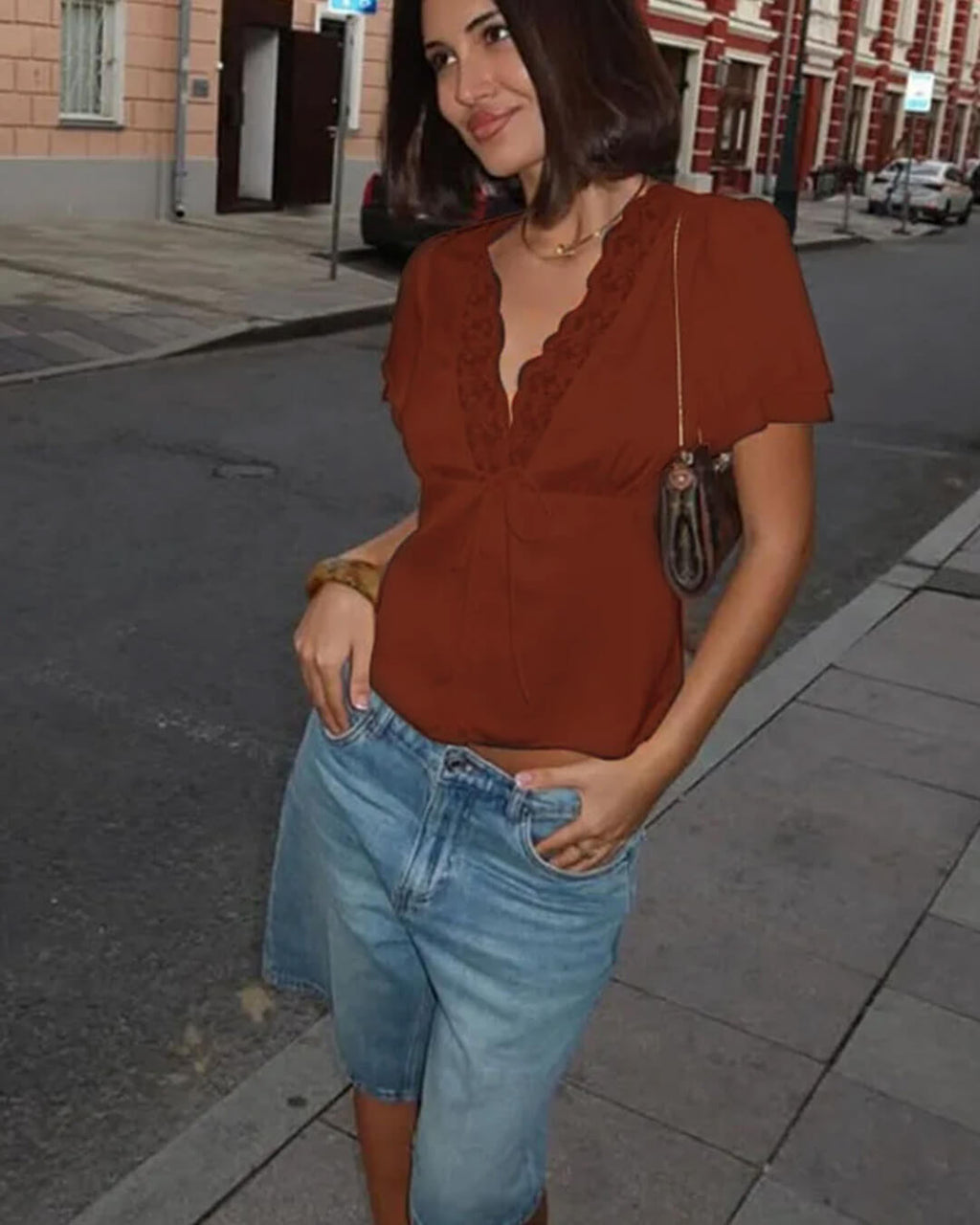 Rosette Lace Short Sleeve V-Neck Top - Women's Everyday Fashion Top - Image 9