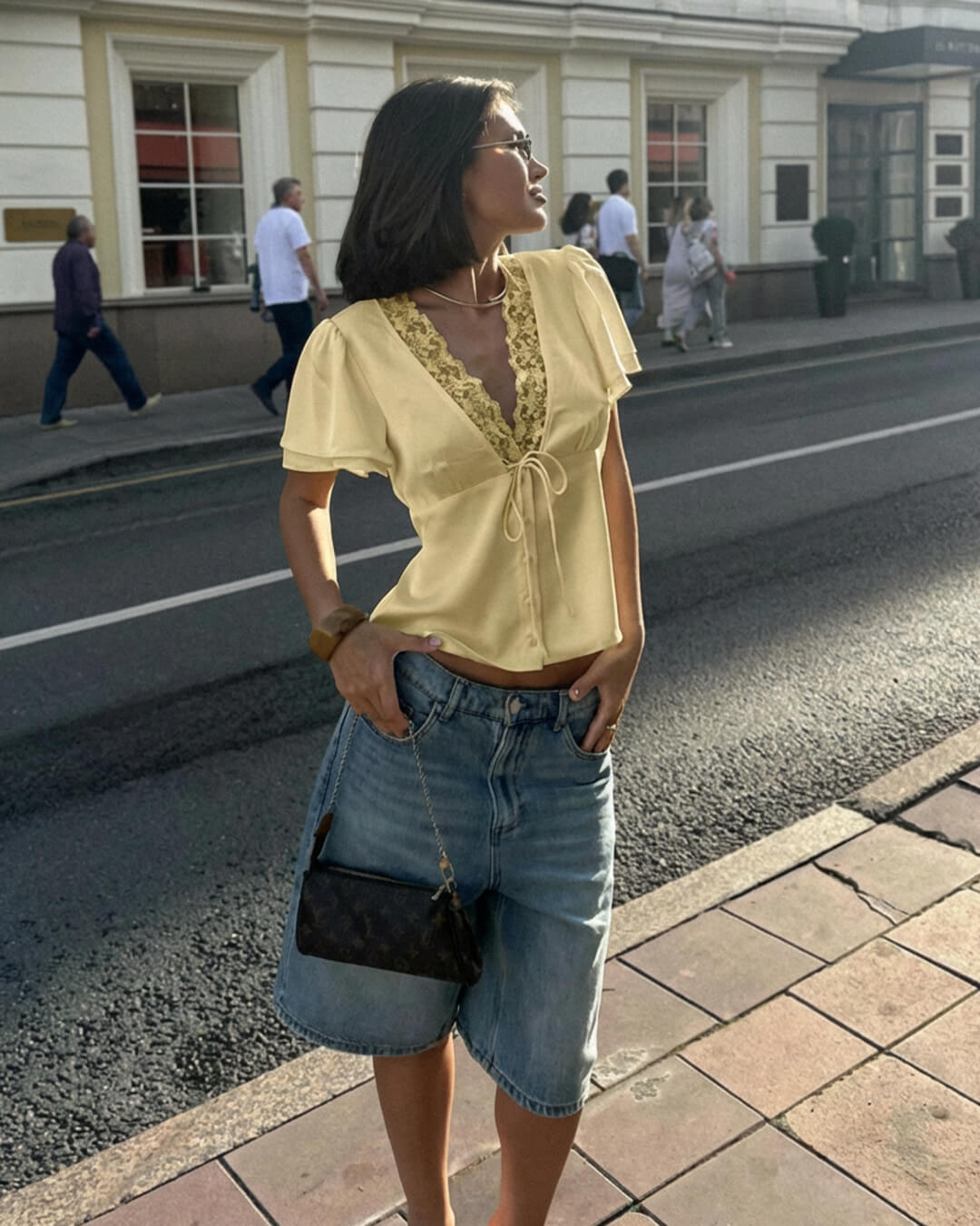 Rosette Lace Short Sleeve V-Neck Top - Women's Everyday Fashion Top - Image 8