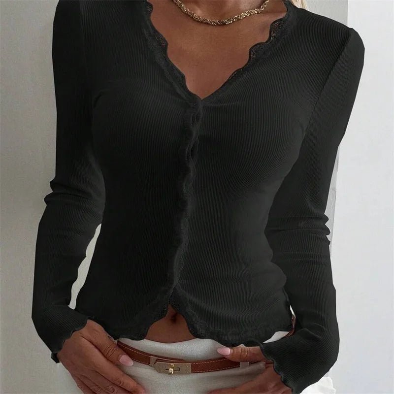 Roxana Ribbed Lace Trim V-Neck Blouse - Women's Everyday Fashion Top - Image 6