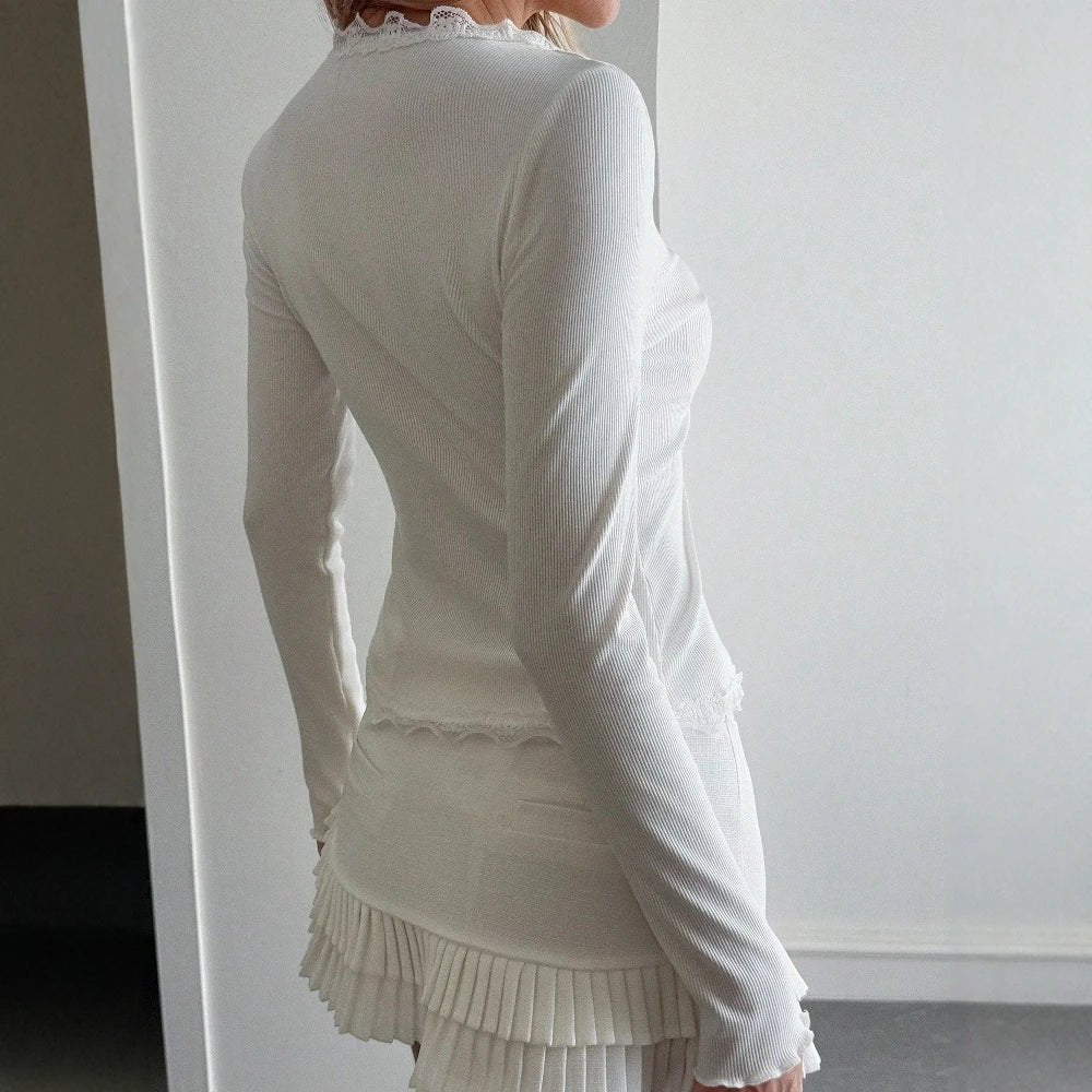 Roxana Ribbed Lace Trim V-Neck Blouse - Women's Everyday Fashion Top - Image 4