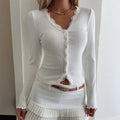 Roxana Ribbed Lace Trim V-Neck Blouse - Women's Everyday Fashion Top