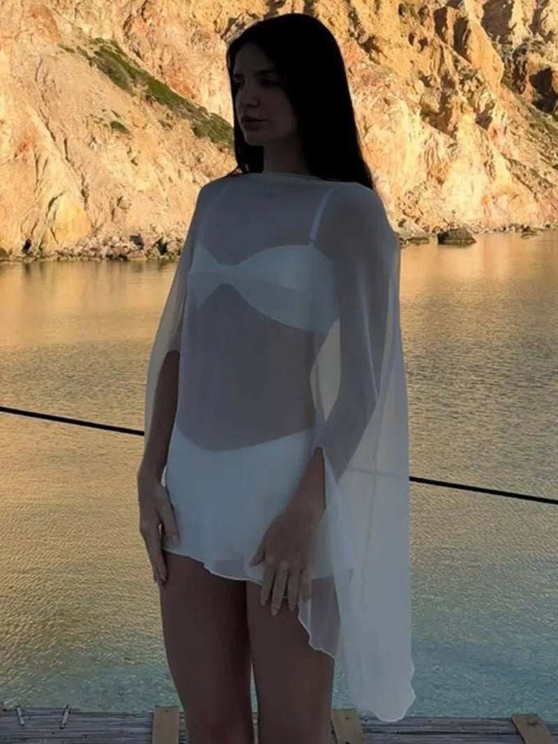 Samantha Beach Cover Up Top - Loose Sheer Bikini Cover Up, White or Black