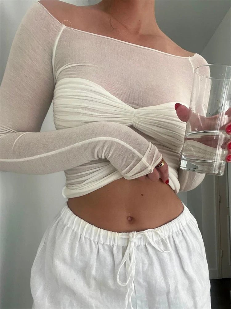 Sara Mesh Sheer Off-Shoulder Top - Women's Everyday Fashion Top
