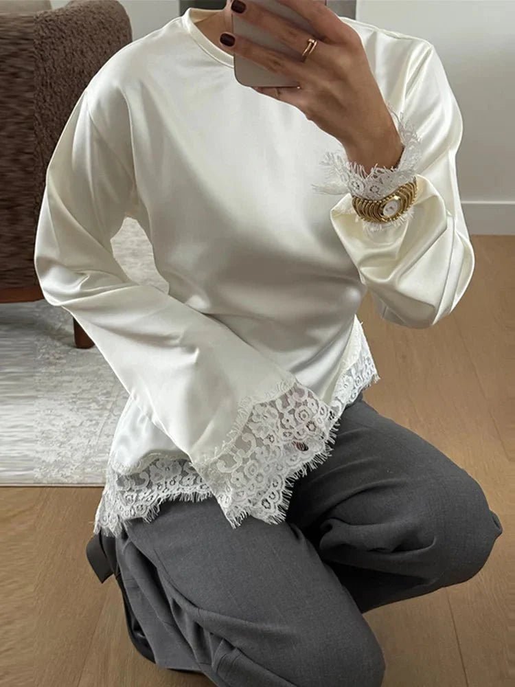 Serena Lace Satin Long Sleeve Top - Women's Everyday Fashion Top - Image 6