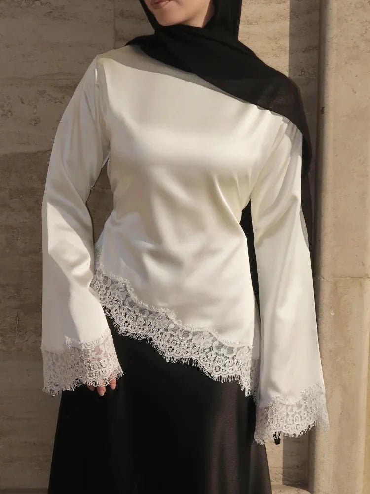 Serena Lace Satin Long Sleeve Top - Women's Everyday Fashion Top - Image 2