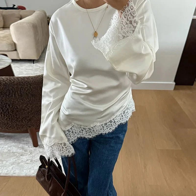 Serena Lace Satin Long Sleeve Top - Women's Everyday Fashion Top - Image 5