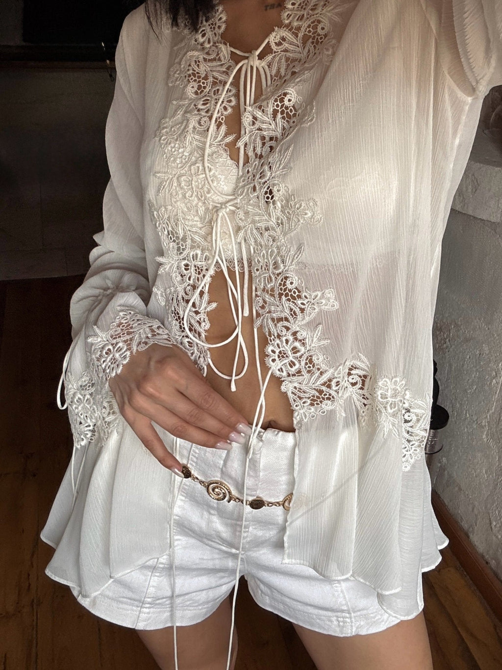 Simone Front-Tie Lace Appliqué Top - Women's Everyday Fashion Top - Image 3