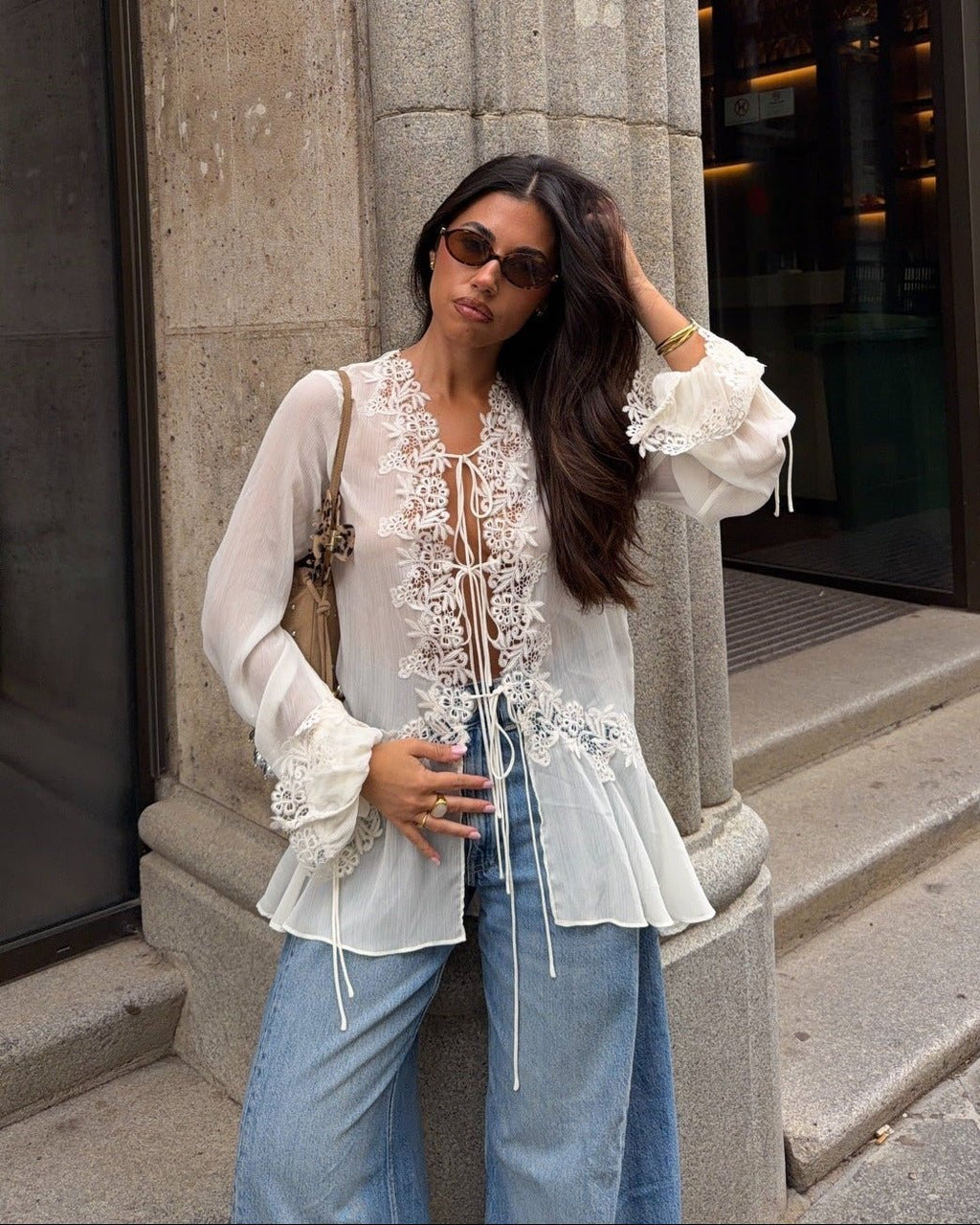 Simone Front-Tie Lace Appliqué Top - Women's Everyday Fashion Top - Image 5